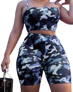 Camouflage Print Casual Two Piece Crop Top and Summer Shorts