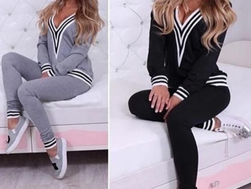 Women's Fashion V-neck Sweatshirt Top & Pants Casual Tracksuit